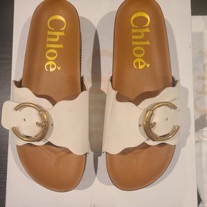 Chloé Leather Lauren Footbed Sandals In Natural White Sz 41